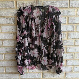 White House Black Market Long Sleeve Button Front Floral Sheer Blouse Size M.